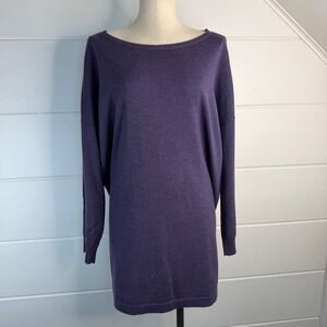 Eileen Fisher Large 100% Merino Wool Purple Sweater Tunic Long Sleeve